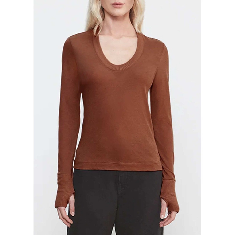 ENZA COSTA Cashmere Easy Cuffed U Neck Top Women XL Nutmeg Long Sleeve NEW